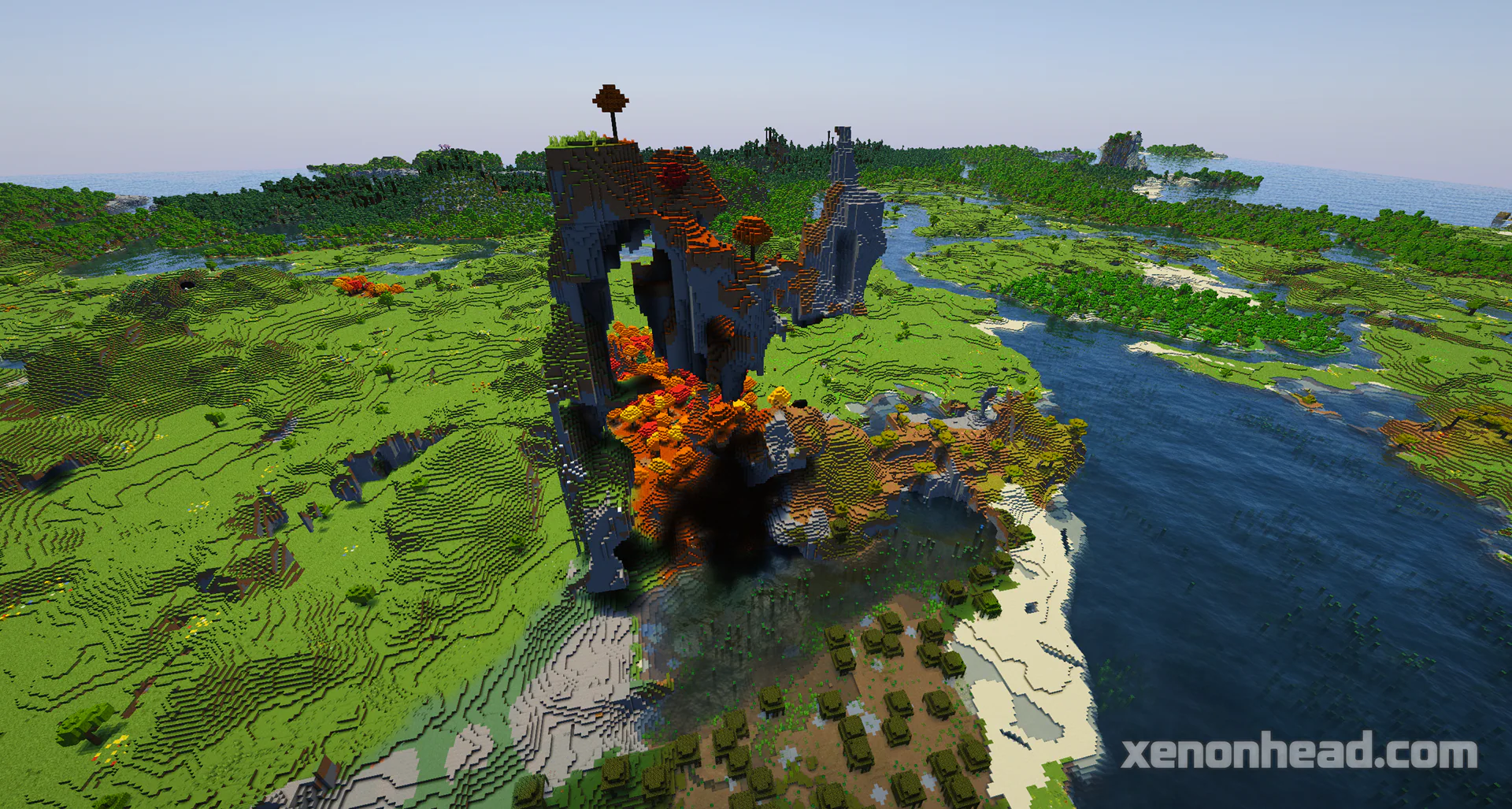 Glitched floating sky village pillar