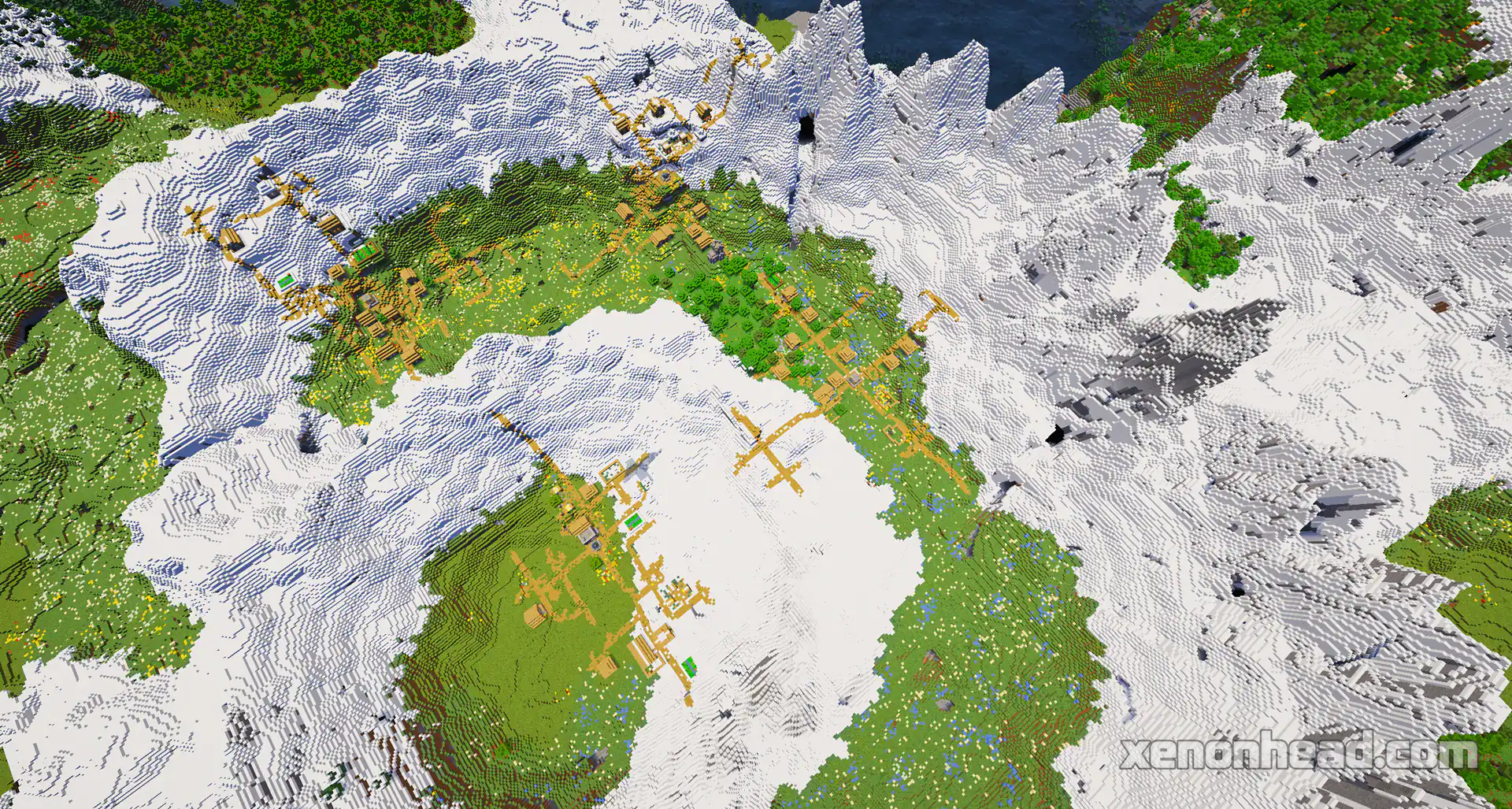 A huge mountain crater holding 4 interconnected plains villages at spawn