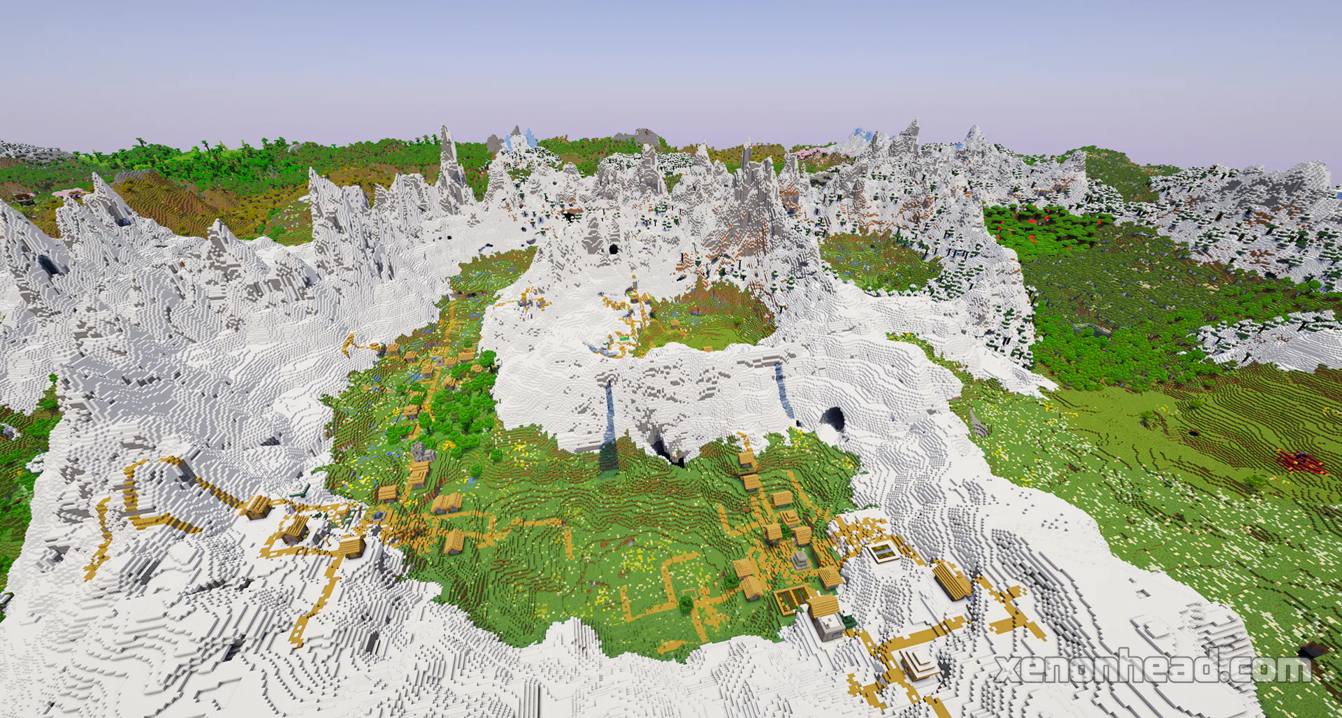 A huge mountain crater holding 4 interconnected plains villages at spawn