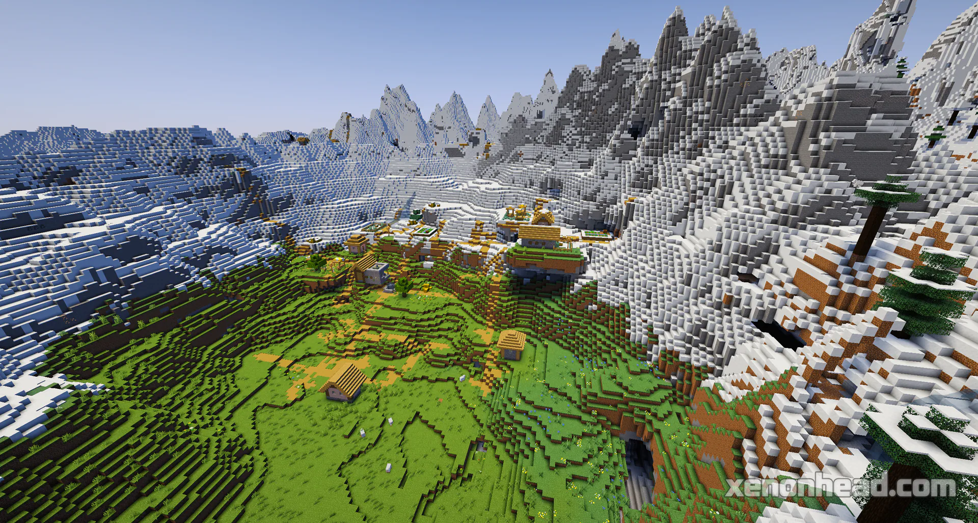 A huge mountain crater holding 4 interconnected plains villages at spawn