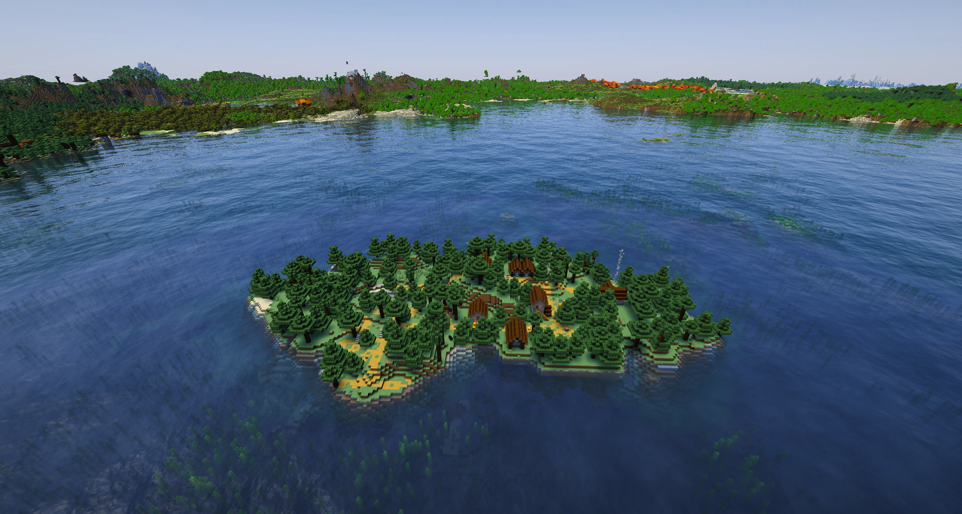 A complete taiga village generating on an isolated ocean island