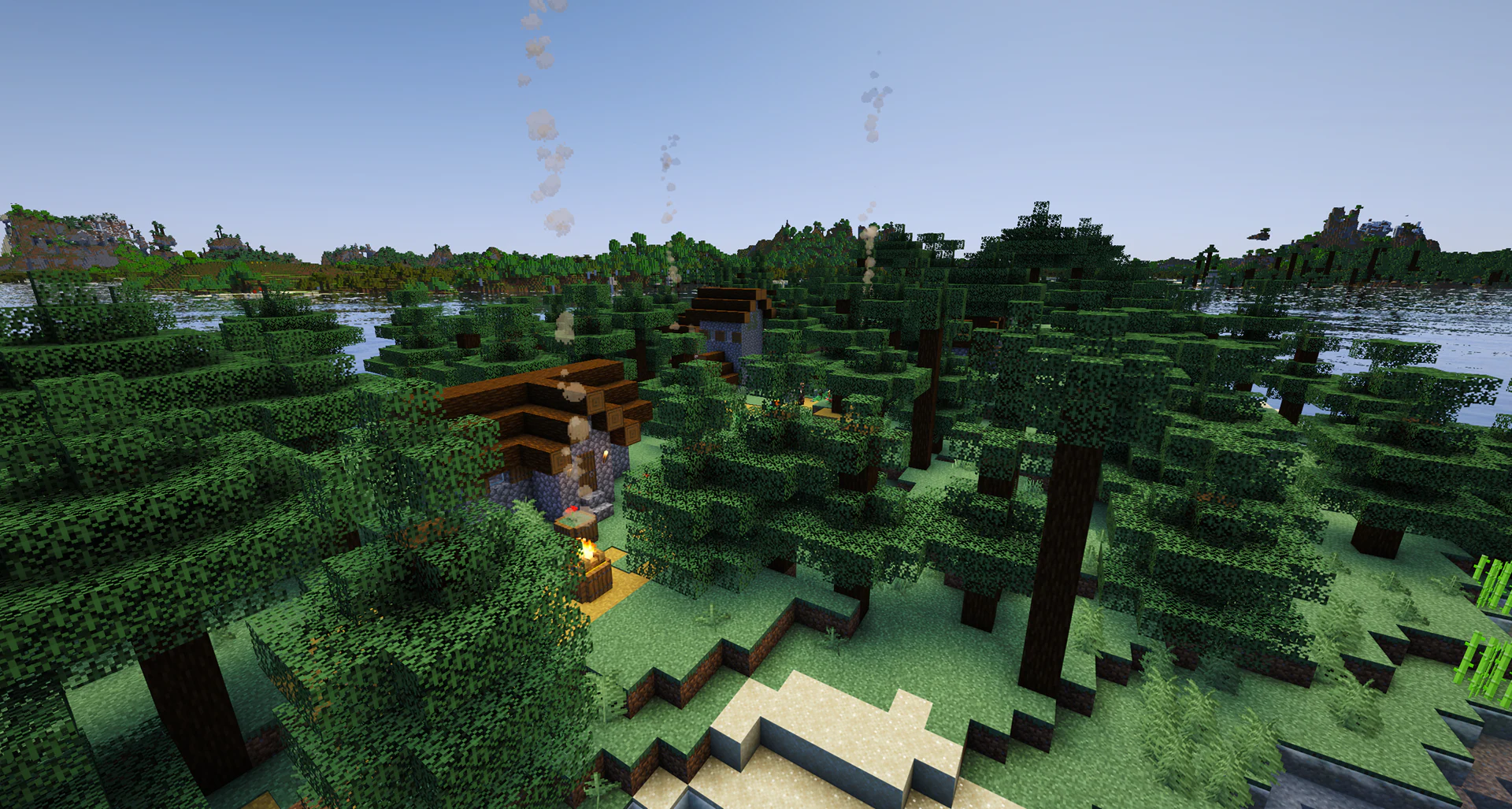 A complete taiga village generating on an isolated ocean island