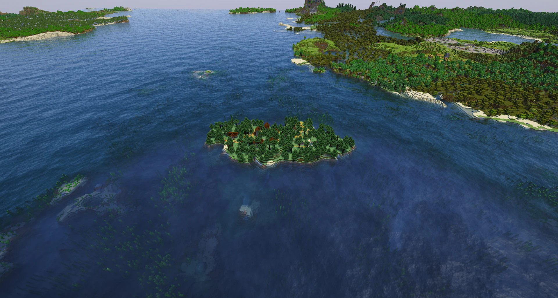 A complete taiga village generating on an isolated ocean island