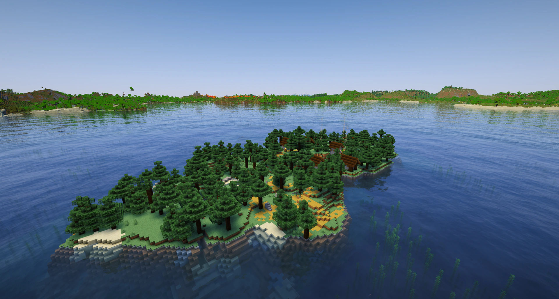 A complete taiga village generating on an isolated ocean island