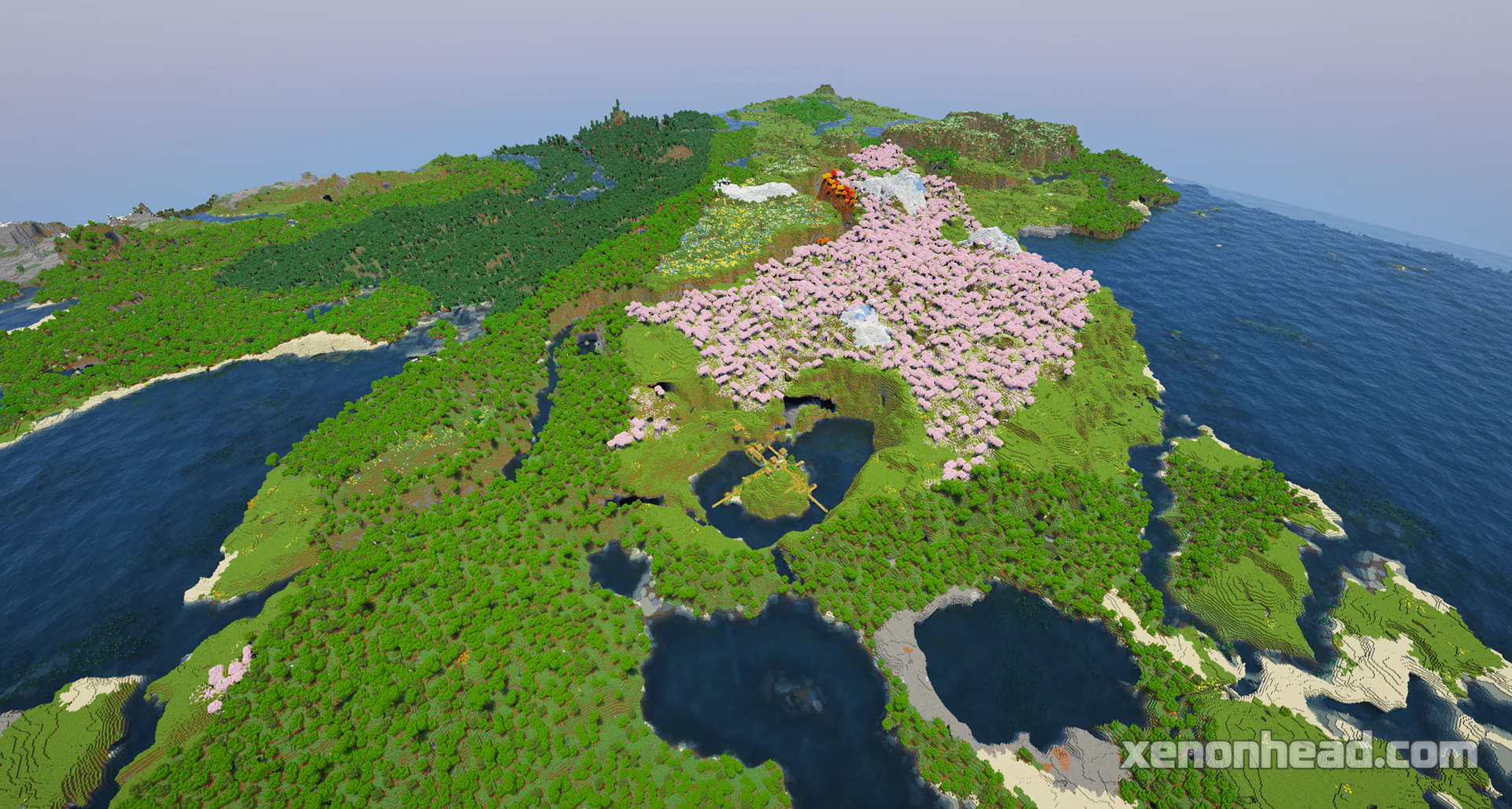 A huge pink cherry blossom crater lake with a secret hill village right in the center