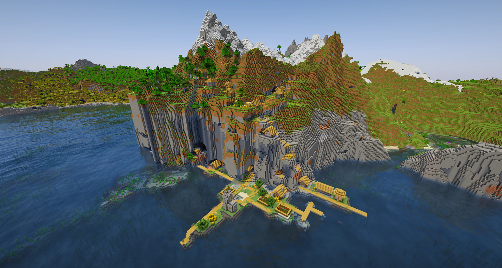 A pillager outpost generated inside a huge ocean cliff under a shipwreck