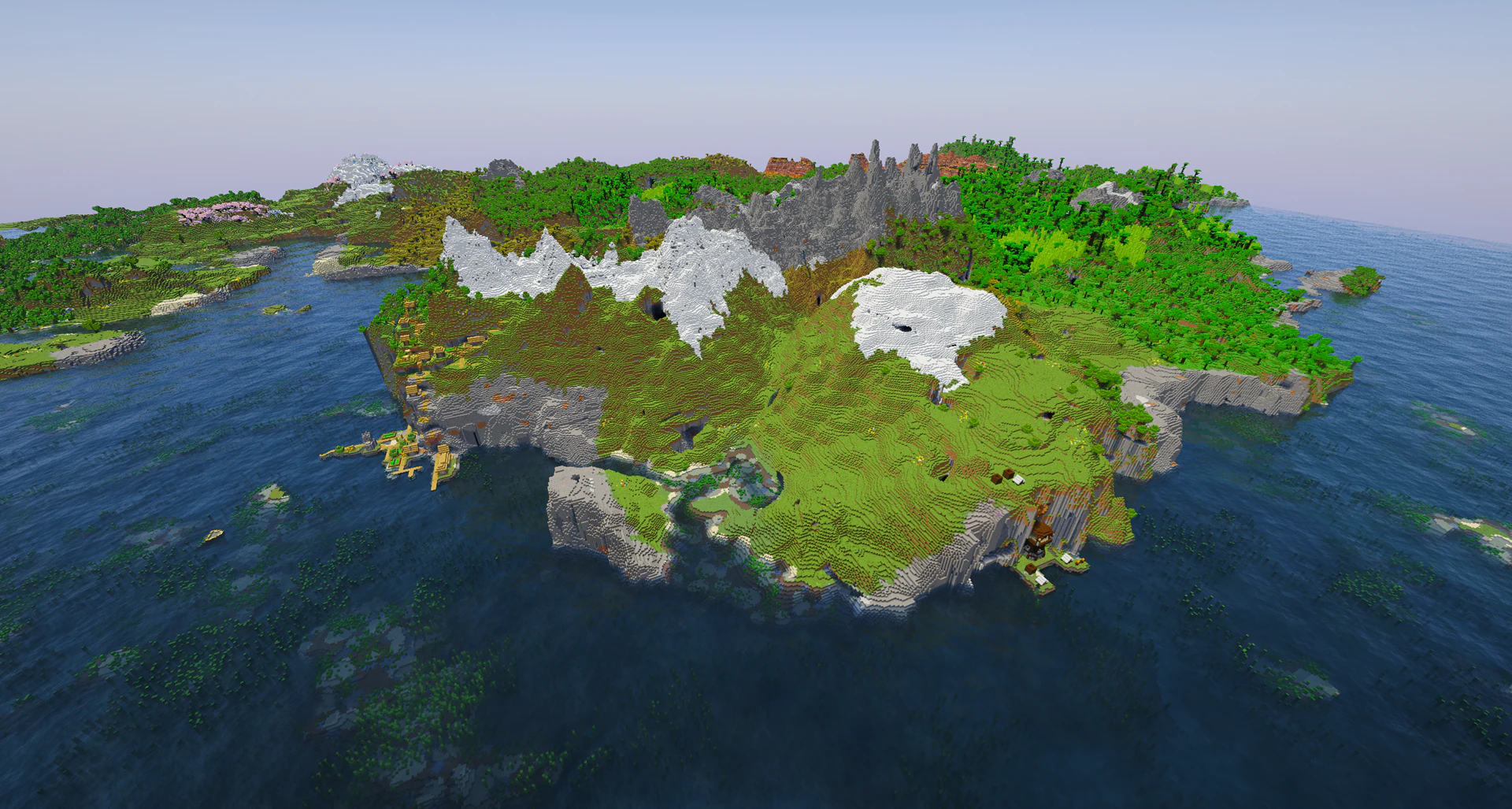 A pillager outpost generated inside a huge ocean cliff under a shipwreck