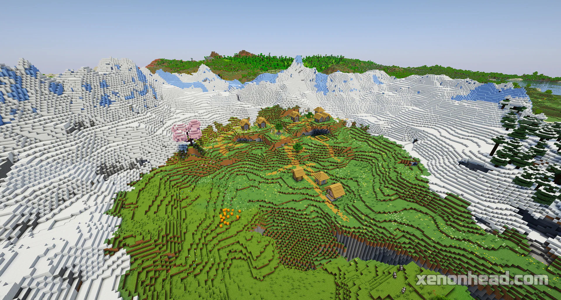 A cozy plains village spawned perfectly inside a huge circular snowy mountain range