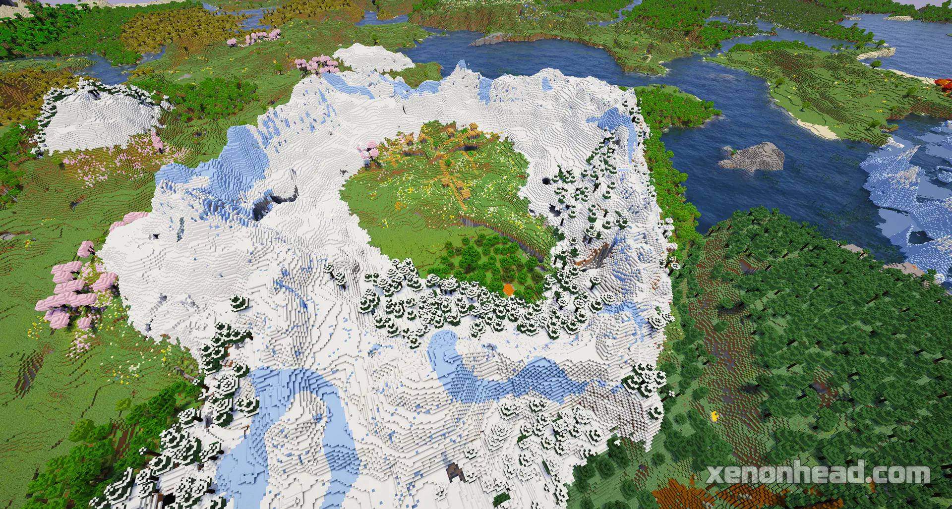 A cozy plains village spawned perfectly inside a huge circular snowy mountain range