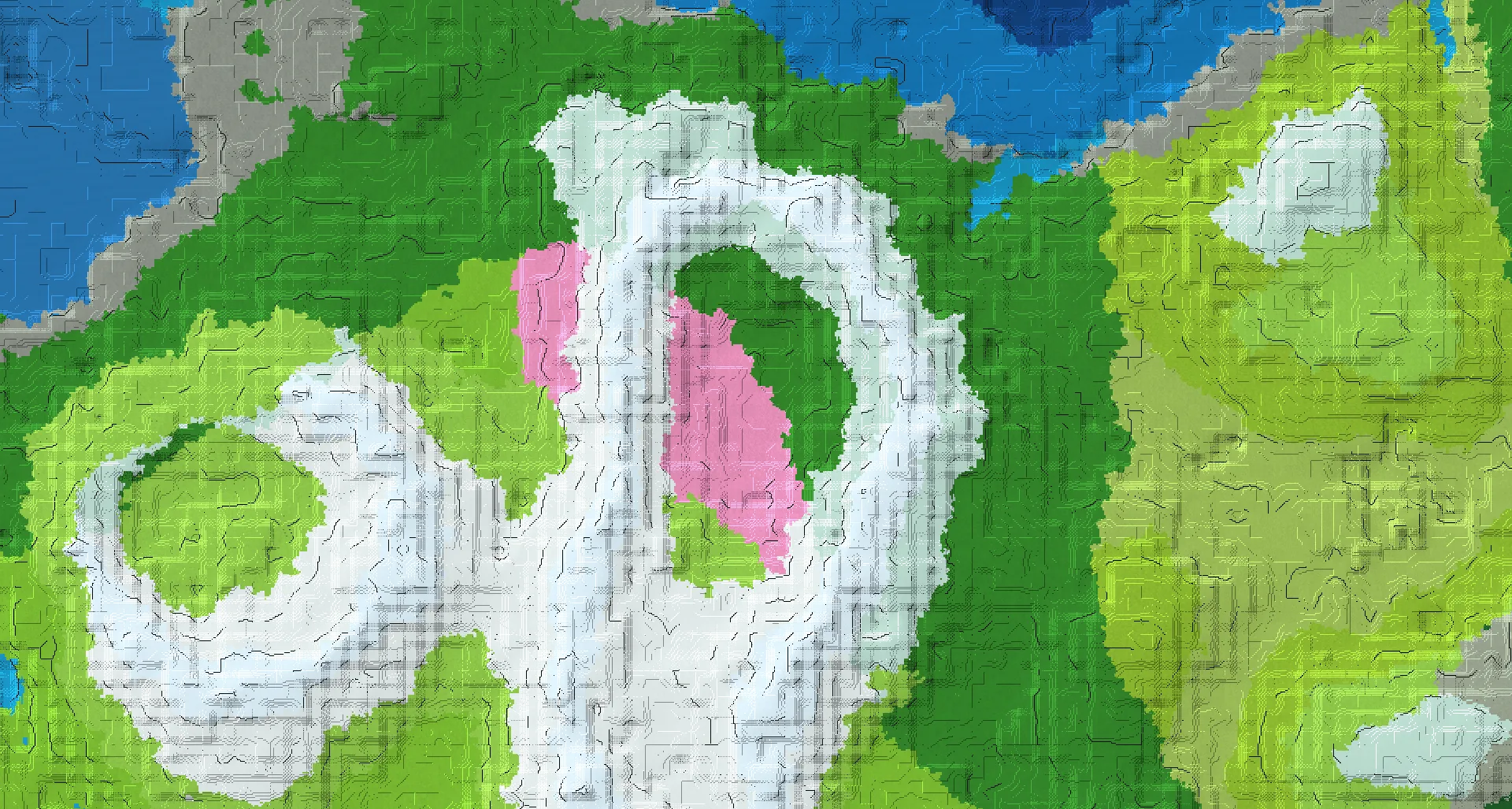 Seed map — A pink cherry grove hidden inside a huge ring of frozen mountain peaks