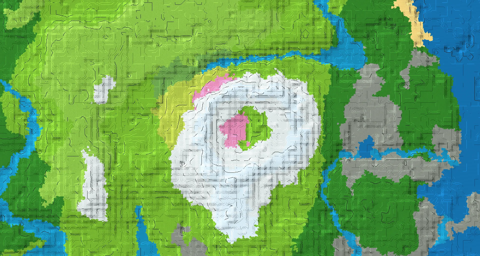 Seed map — A pink cherry blossom forest fully enclosed by large snowy mountain peaks at spawn