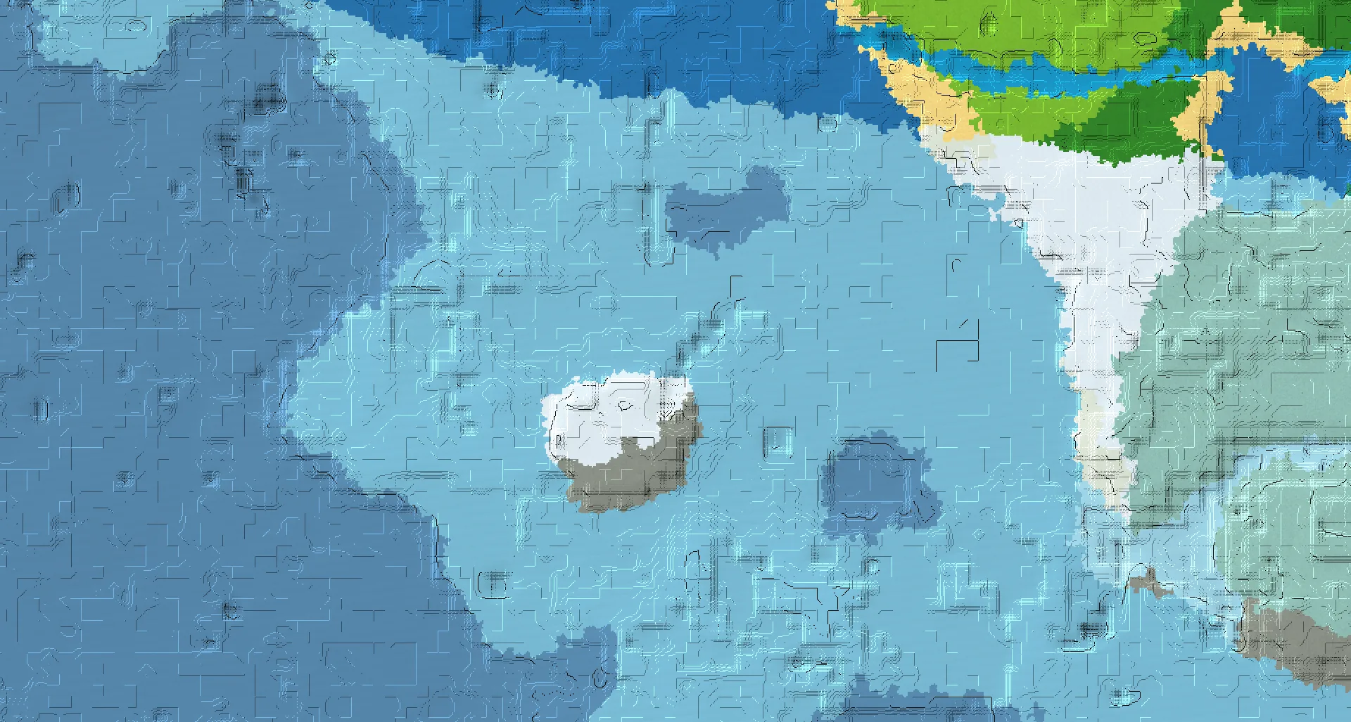Seed map — Ruined Portal and Ocean Monument from Snowy Plains