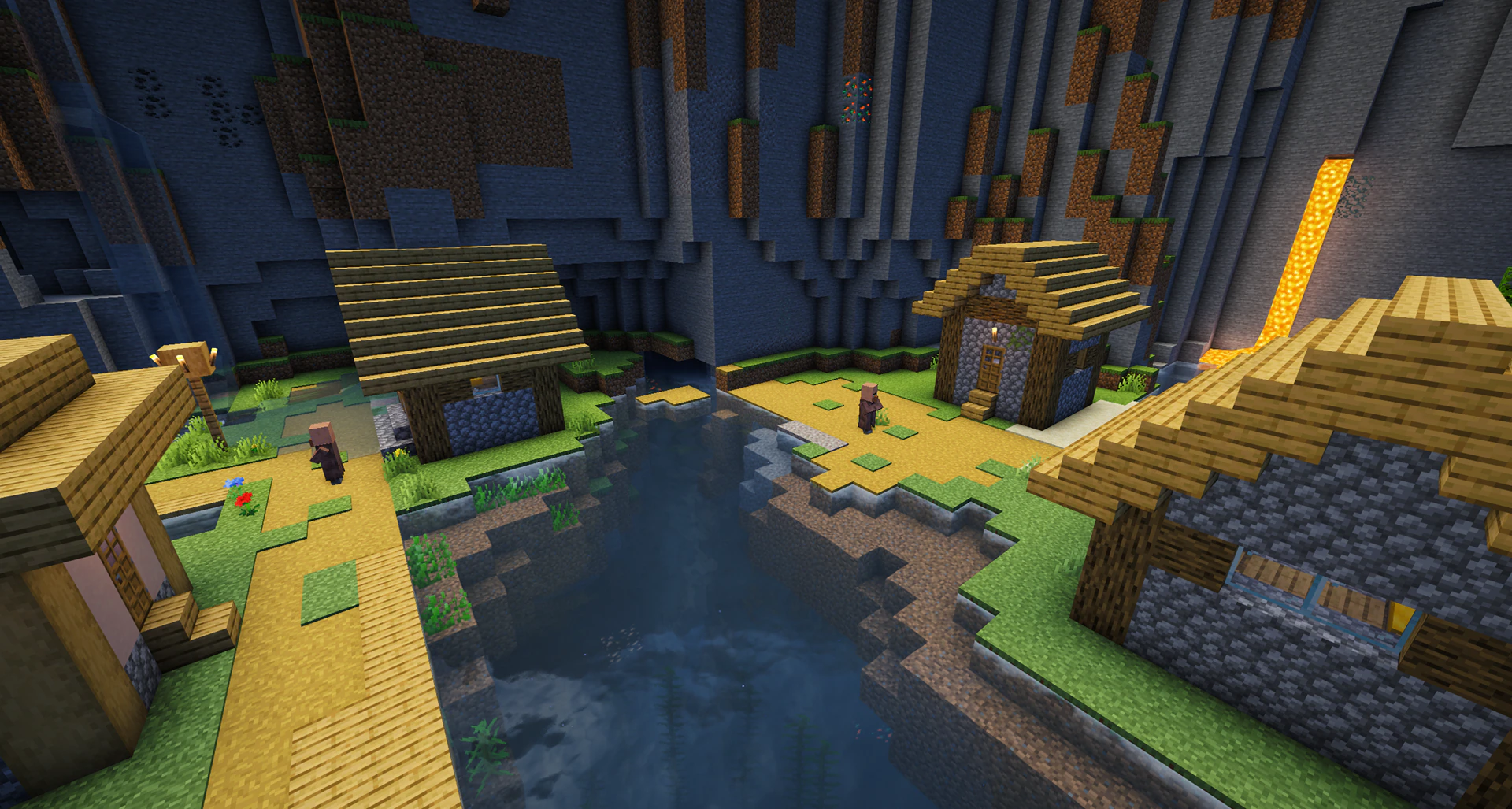 Cliffside village snowy mountain backdrop