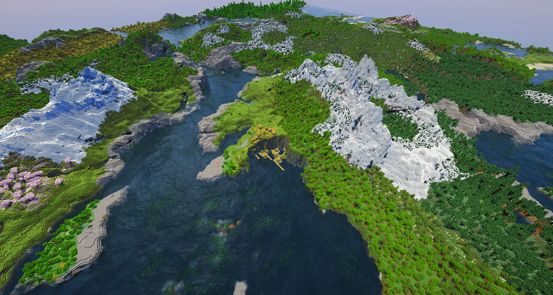 Cliffside village snowy mountain backdrop