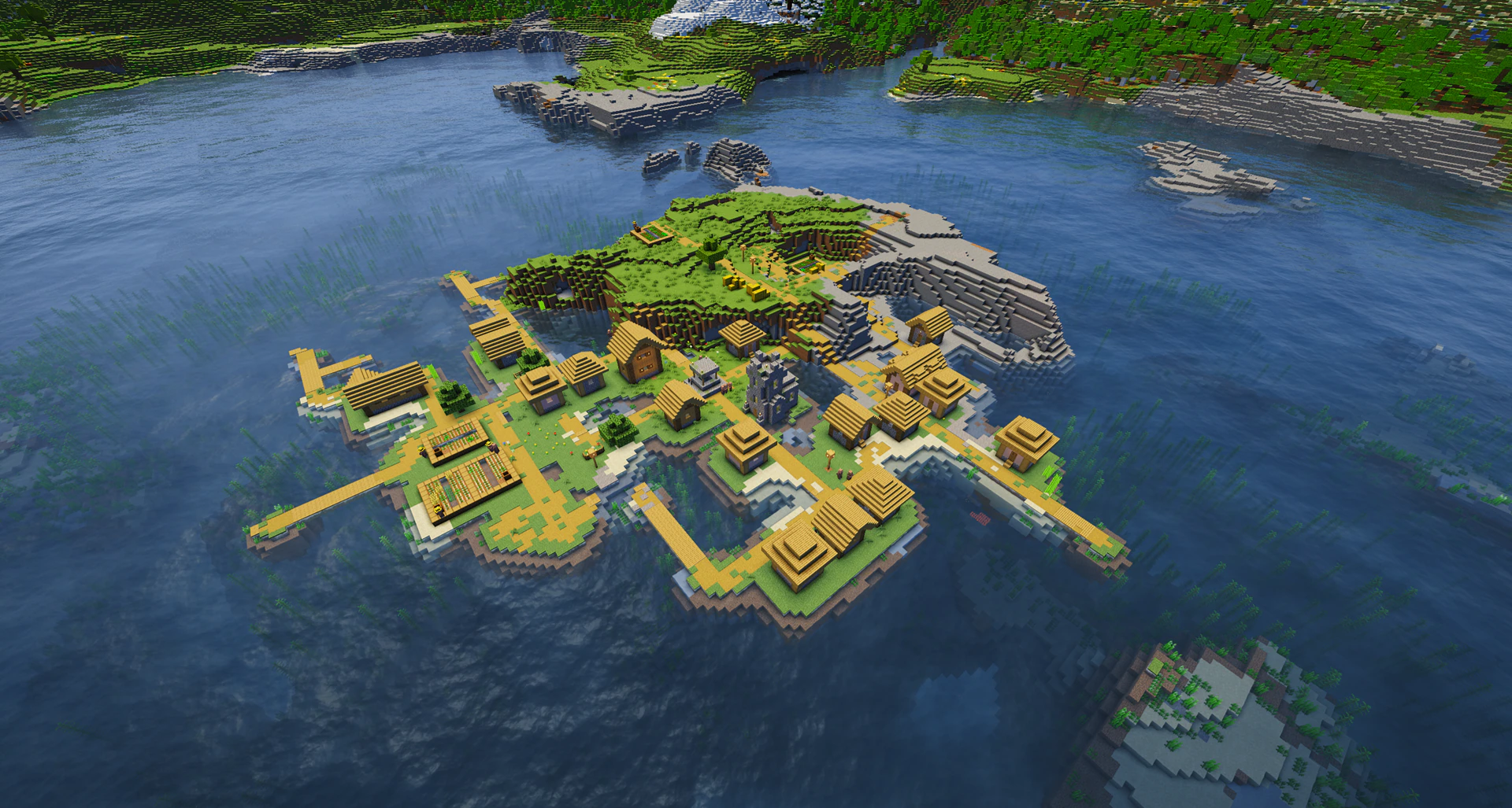A huge plains village taking over an island close to the mainland