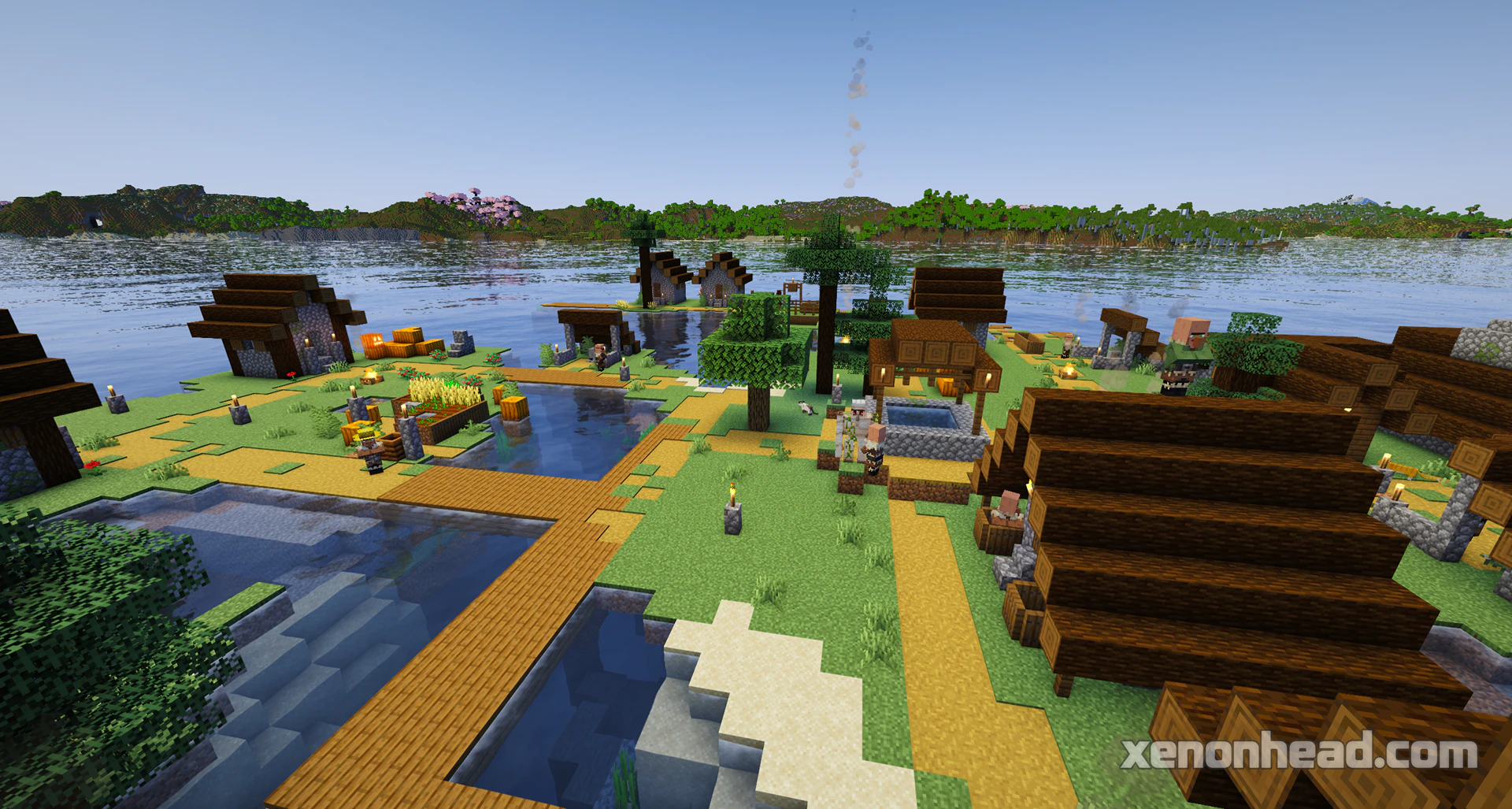 Taiga water village near spruce forest island