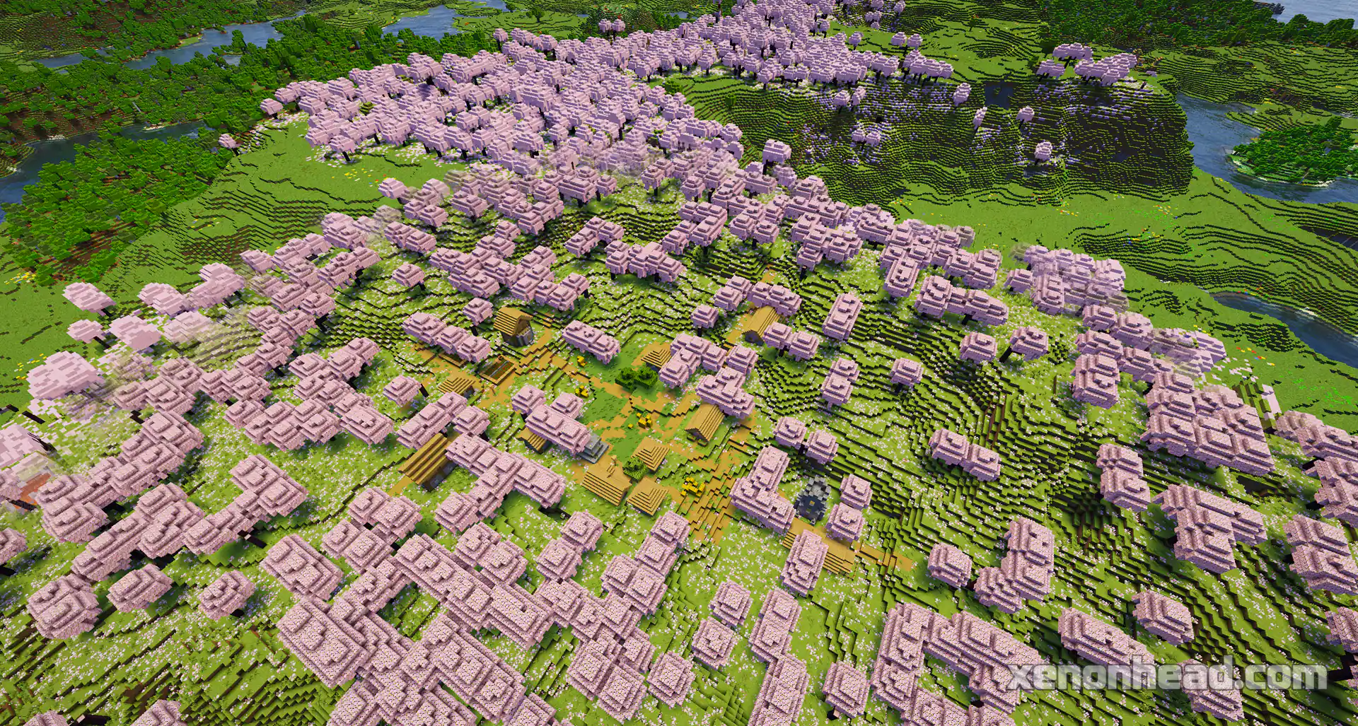Dreamy village hidden in a vast cherry grove