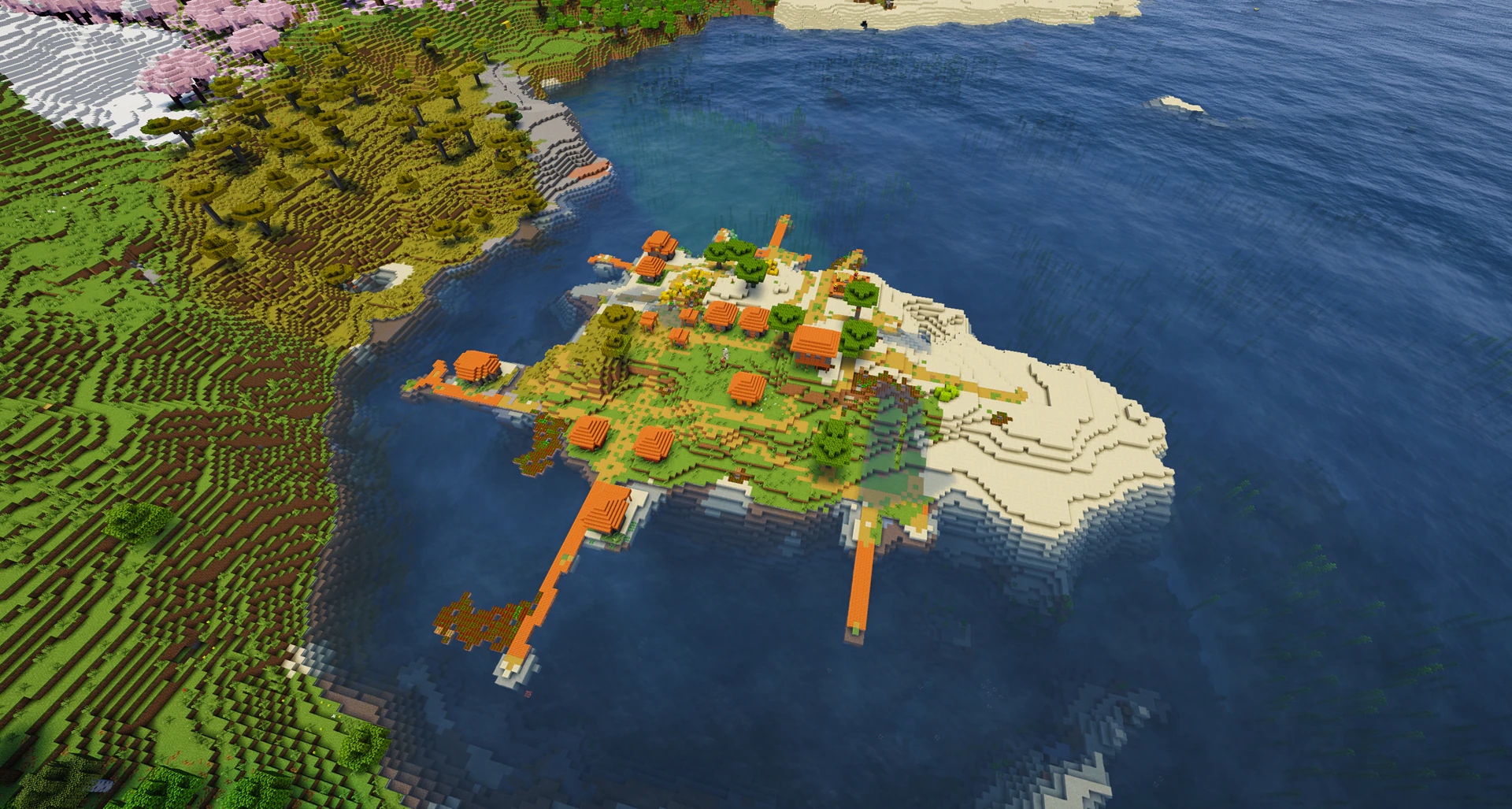 A savanna village generated on a small ocean island near cherry trees