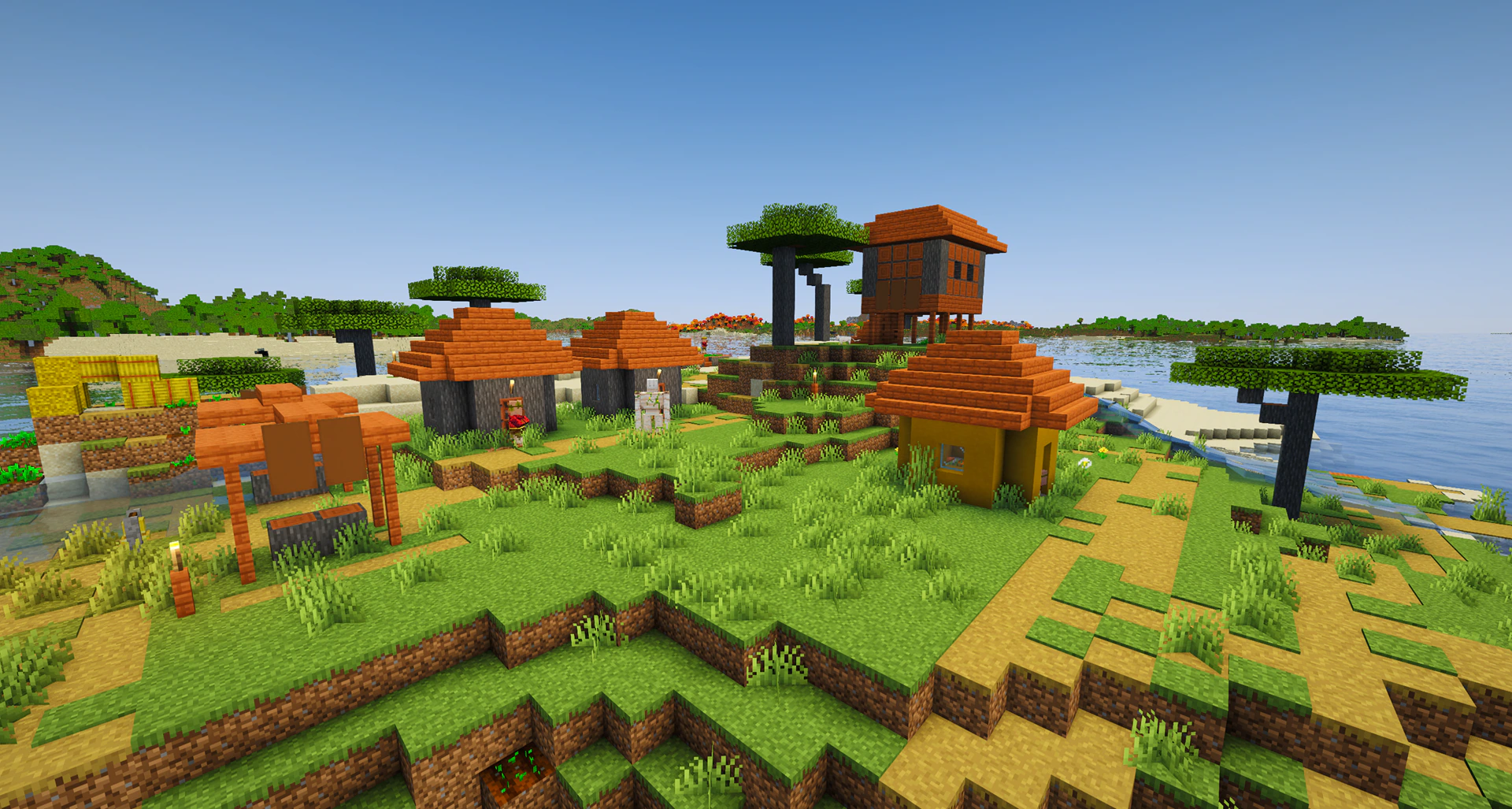 A savanna village generated on a small ocean island near cherry trees