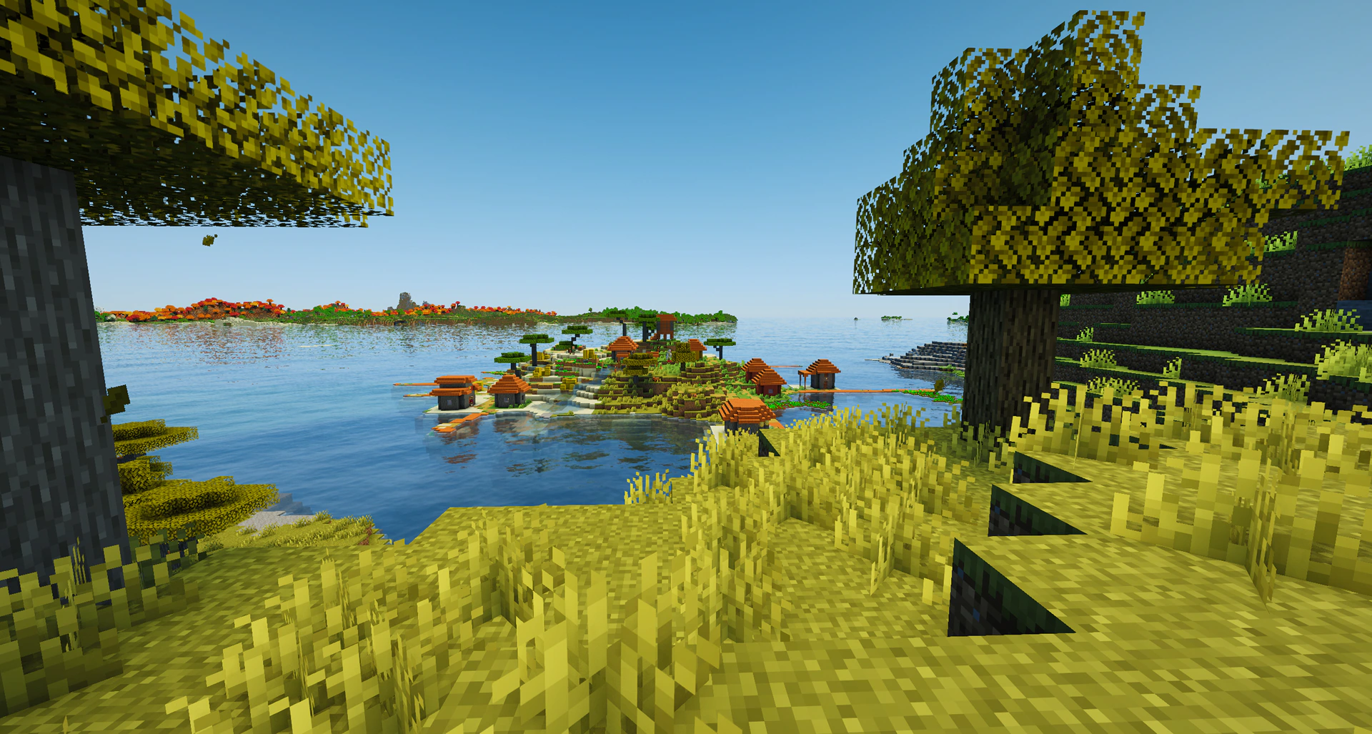 A savanna village generated on a small ocean island near cherry trees