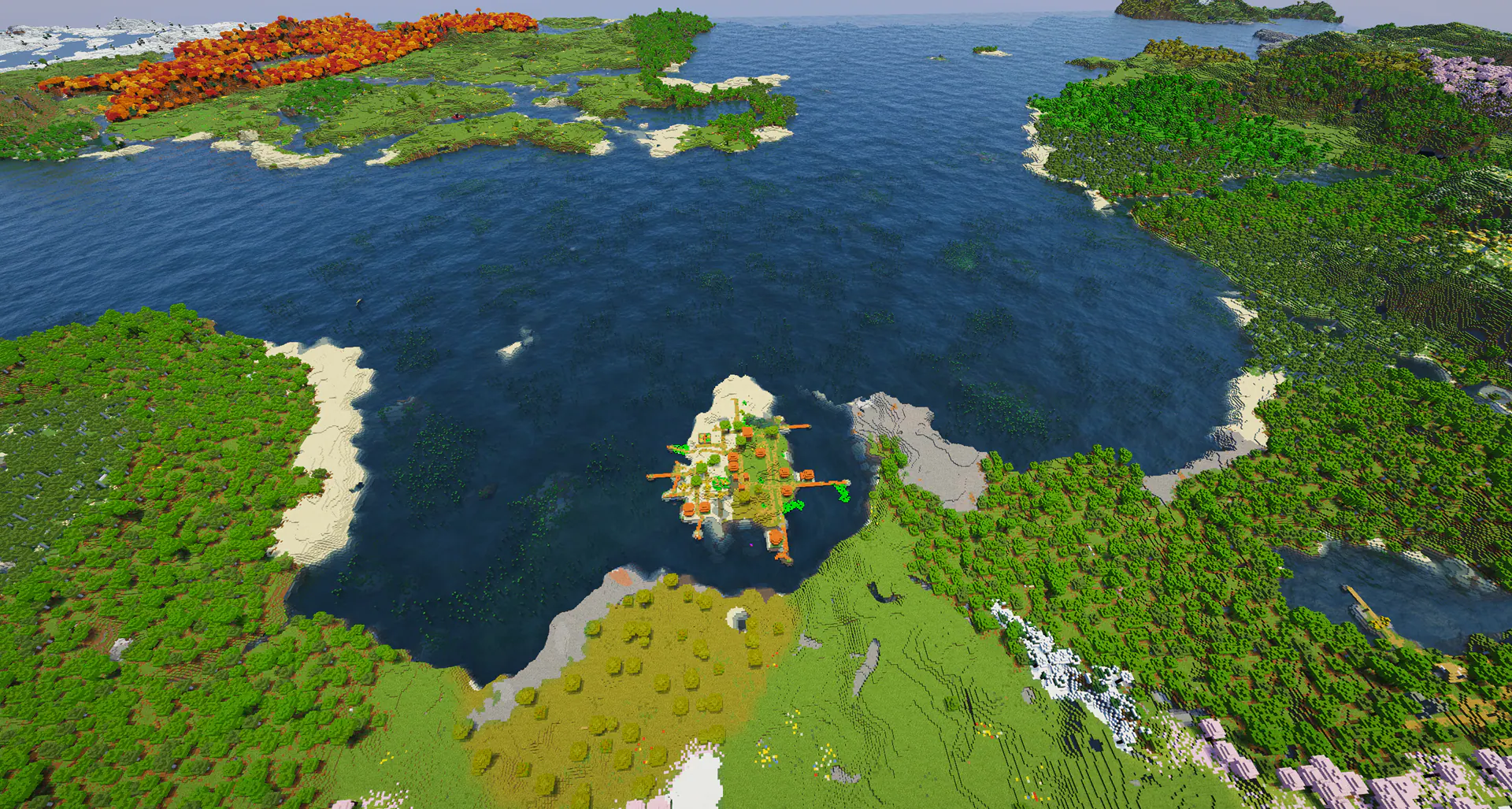 A savanna village generated on a small ocean island near cherry trees