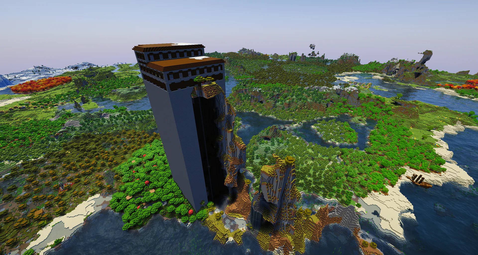 A huge woodland mansion generated on a large cobblestone tower by the sea