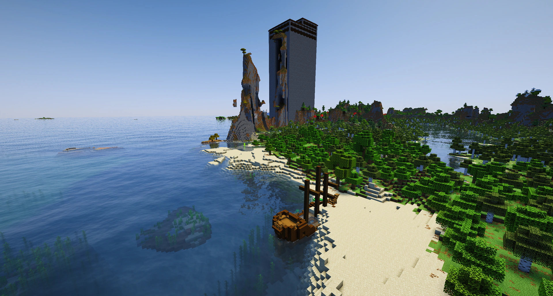 A huge woodland mansion generated on a large cobblestone tower by the sea