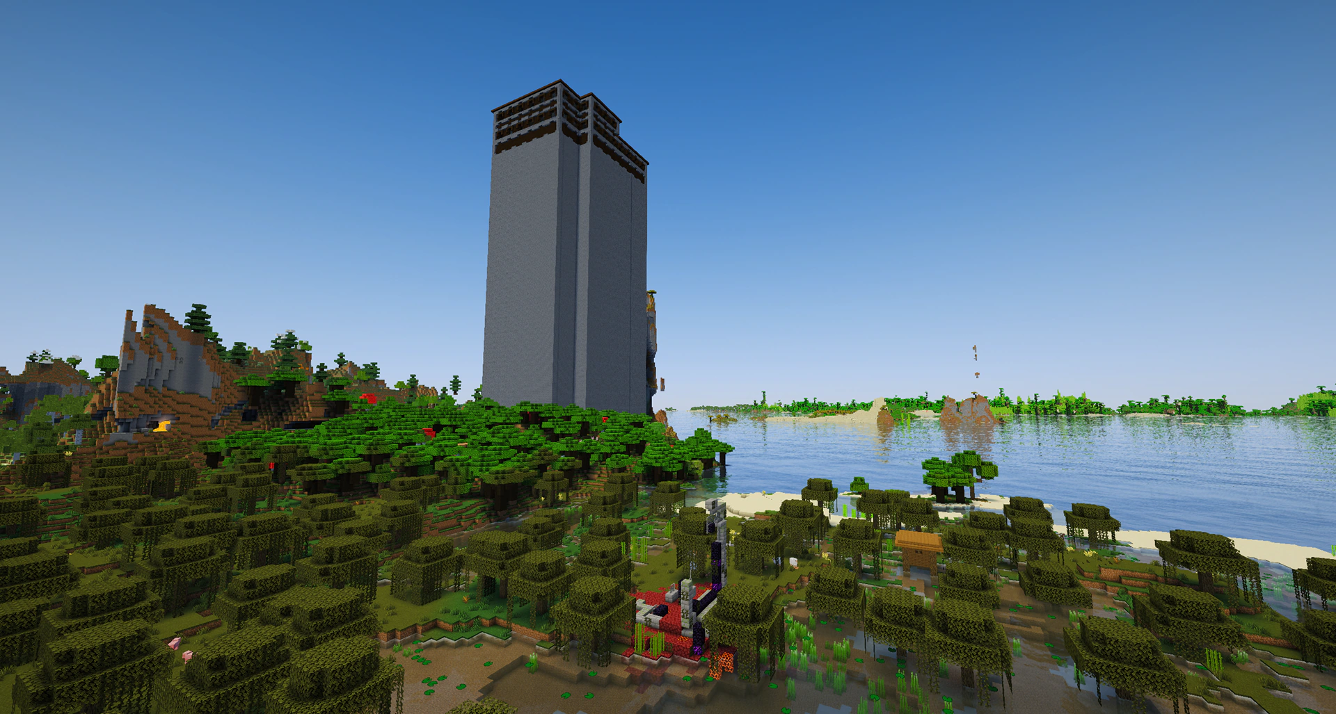 A huge woodland mansion generated on a large cobblestone tower by the sea