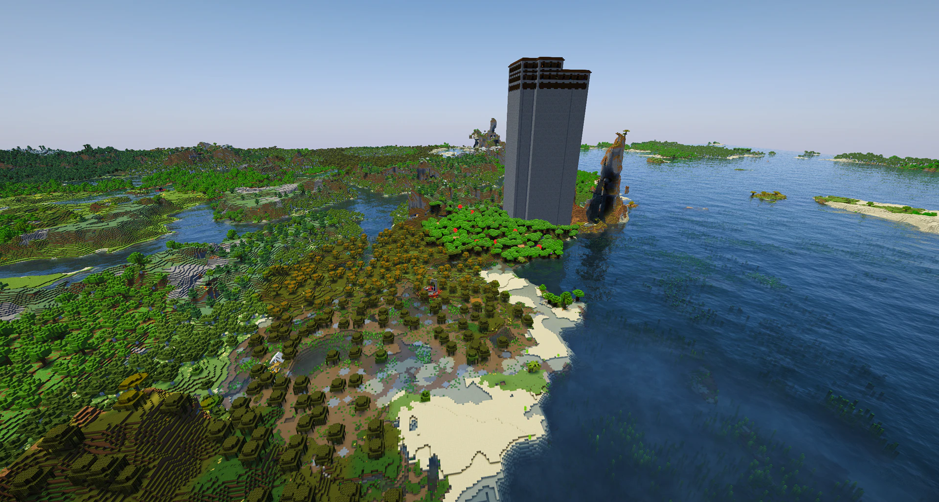 A huge woodland mansion generated on a large cobblestone tower by the sea