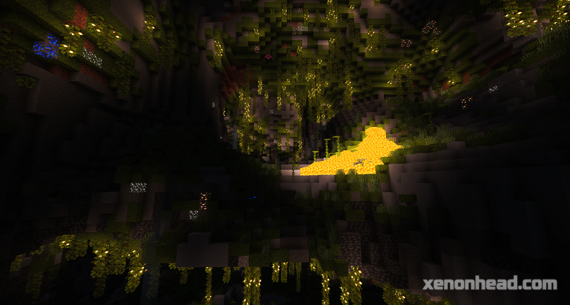 A secret desert village spawned completely inside a glowing lush cave system
