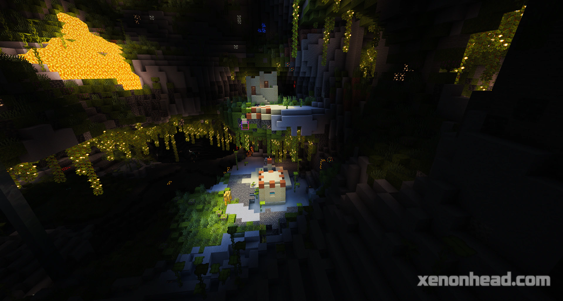 A secret desert village spawned completely inside a glowing lush cave system