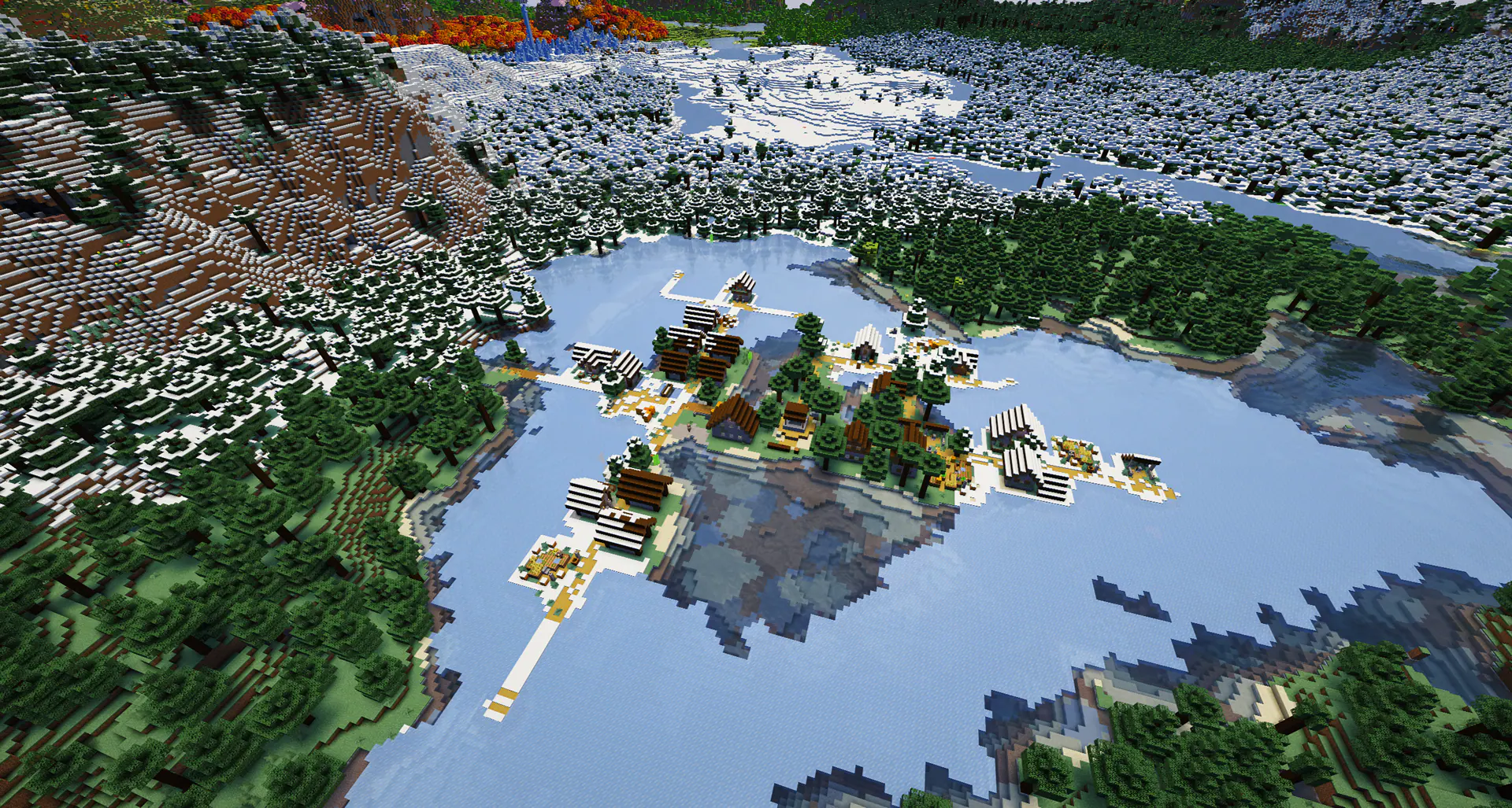 Taiga island village frozen lake