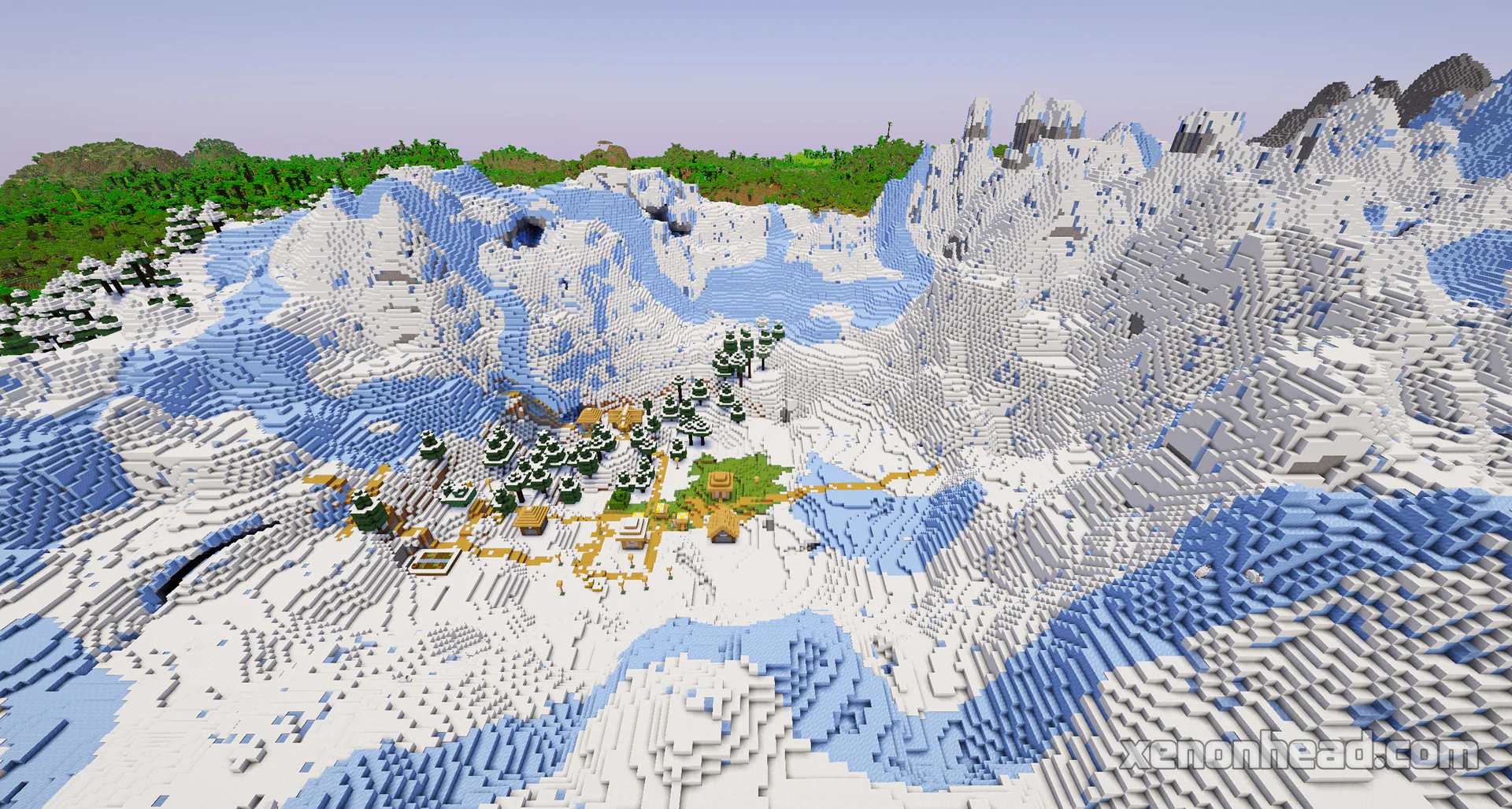 Plains village on snowy mountain peak