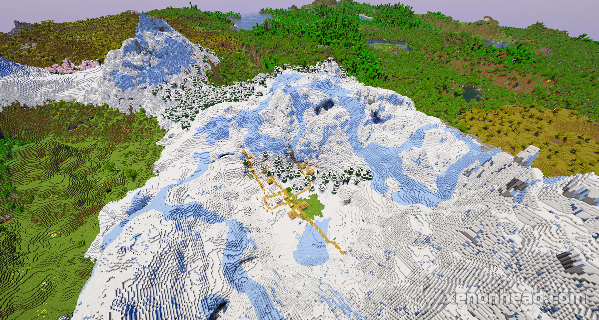 Plains village on snowy mountain peak