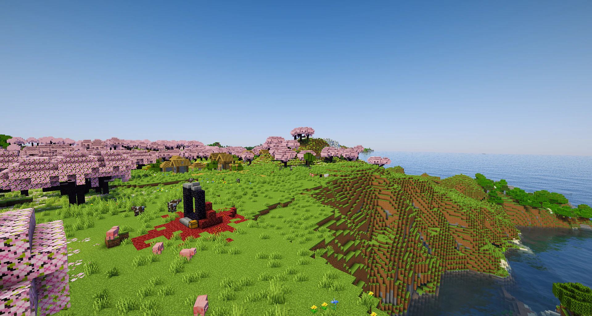 A plains village generated inside a huge pink cherry grove biome