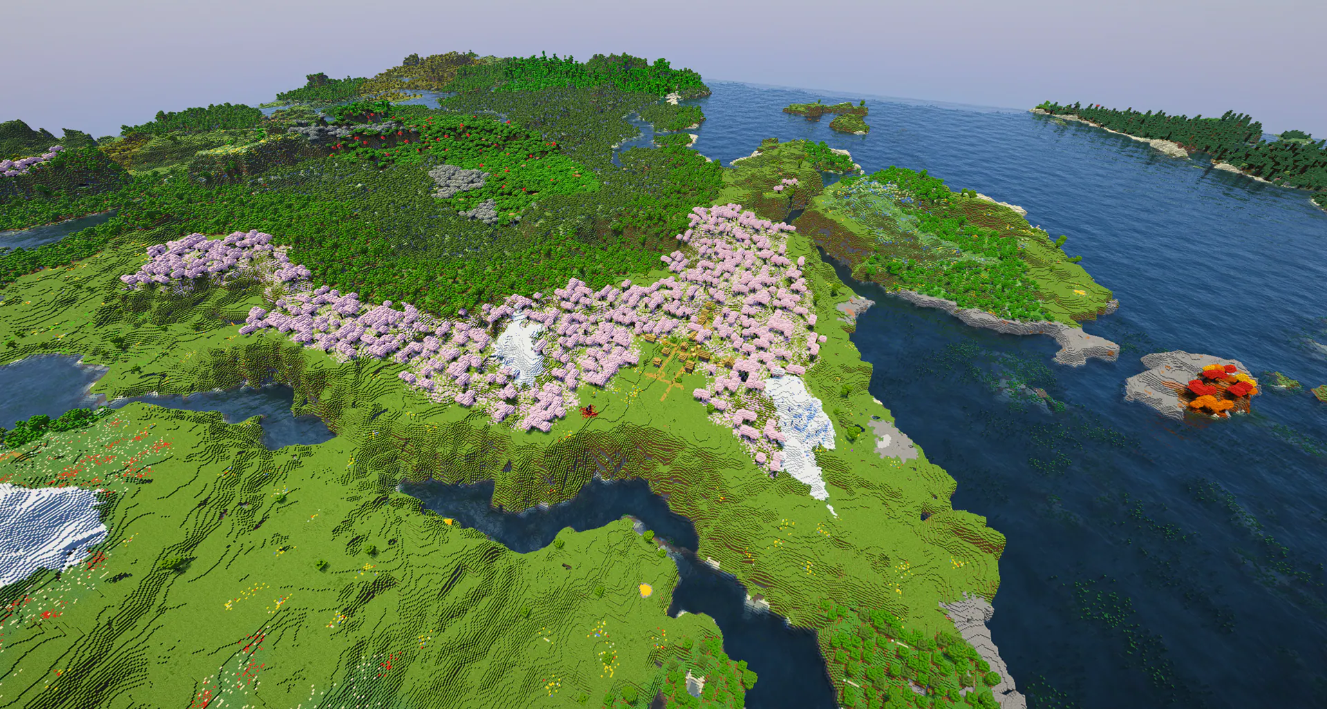 A plains village generated inside a huge pink cherry grove biome