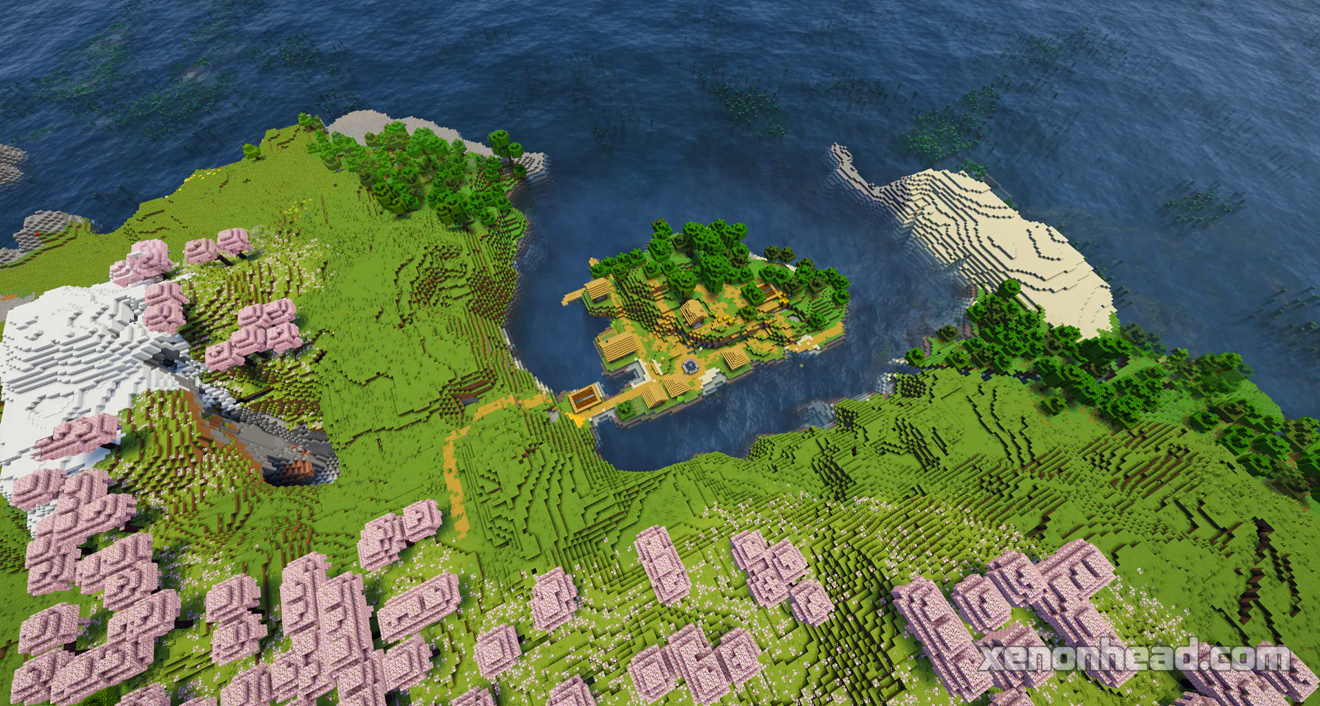 Scenic cherry blossom island village