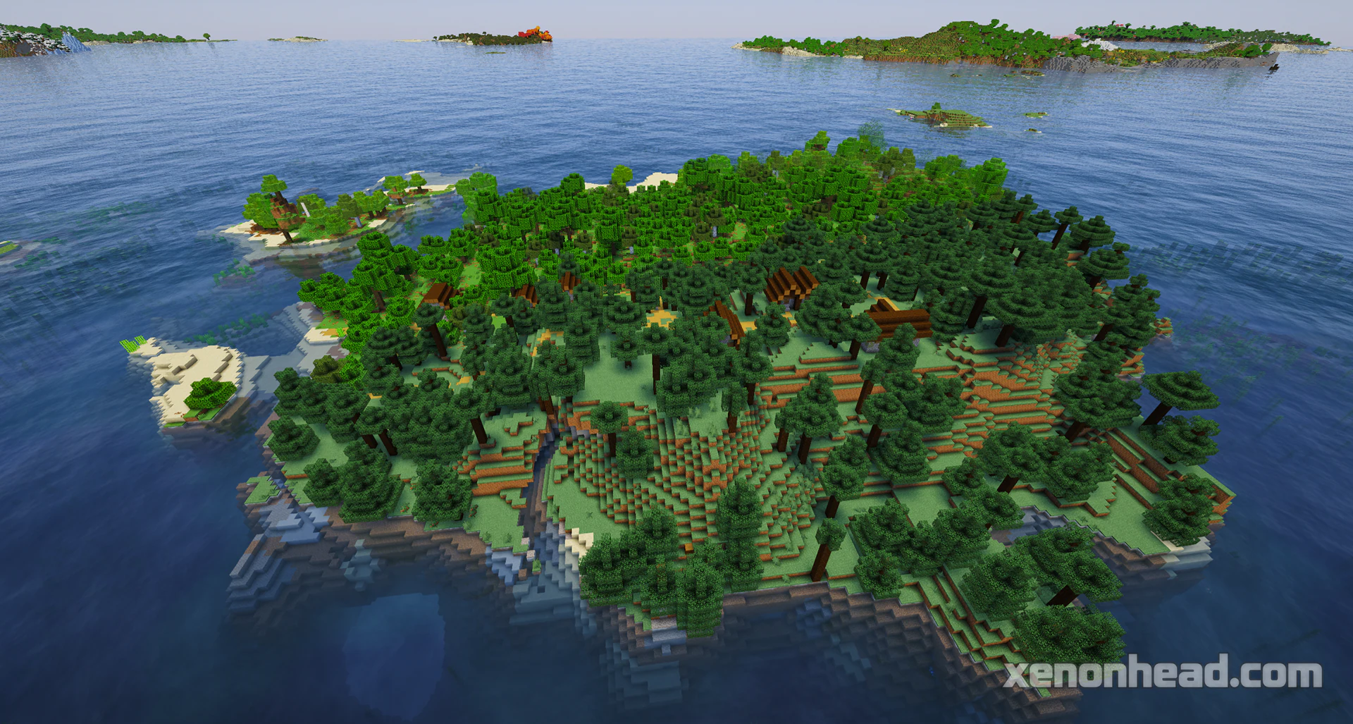 A lonely survival island split into plains and taiga biome with a cozy village