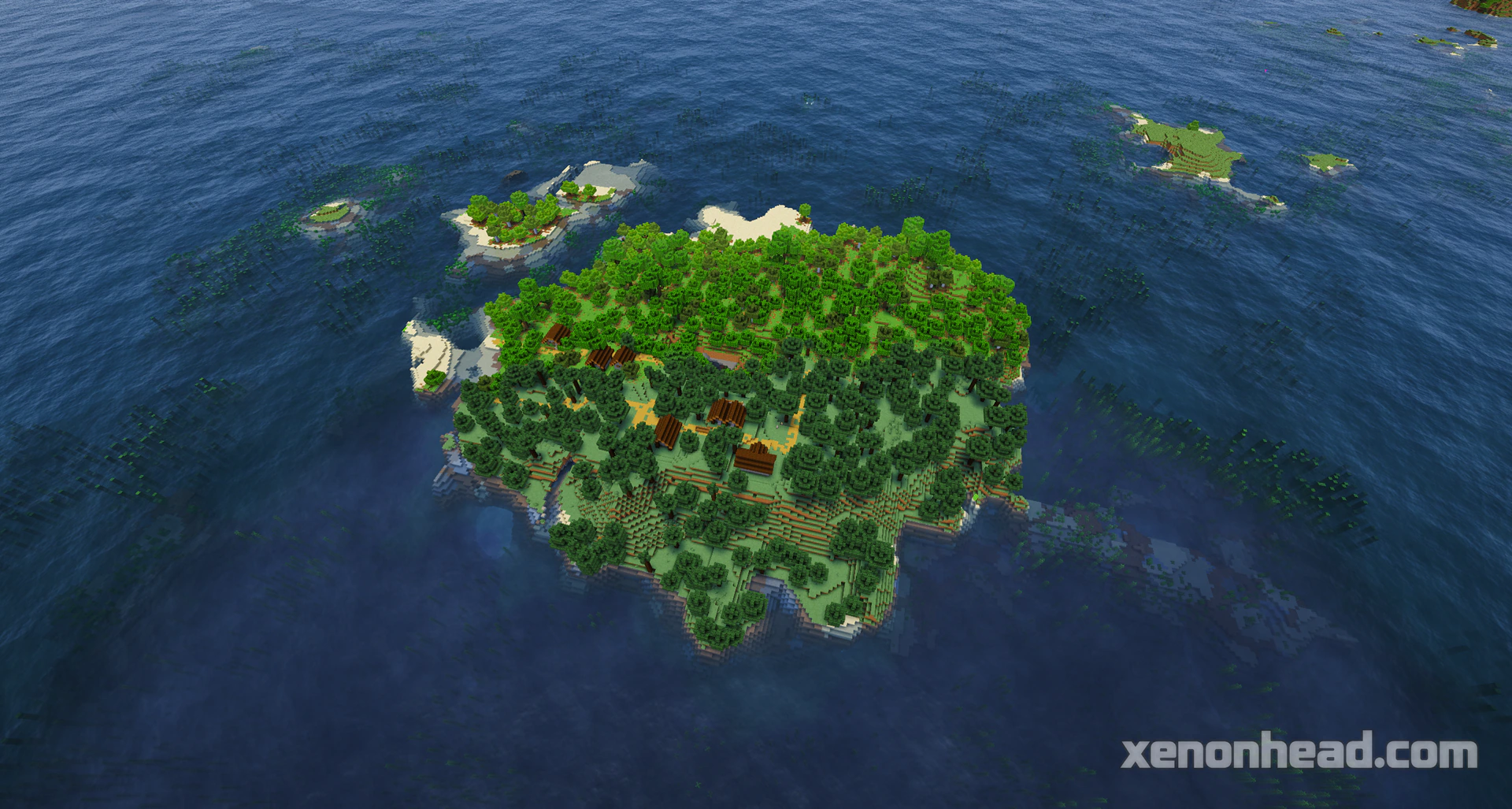 A lonely survival island split into plains and taiga biome with a cozy village