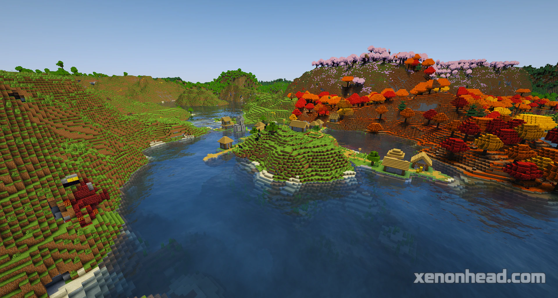 A plains village on a lake island, connected by bridges next to a cherry biome