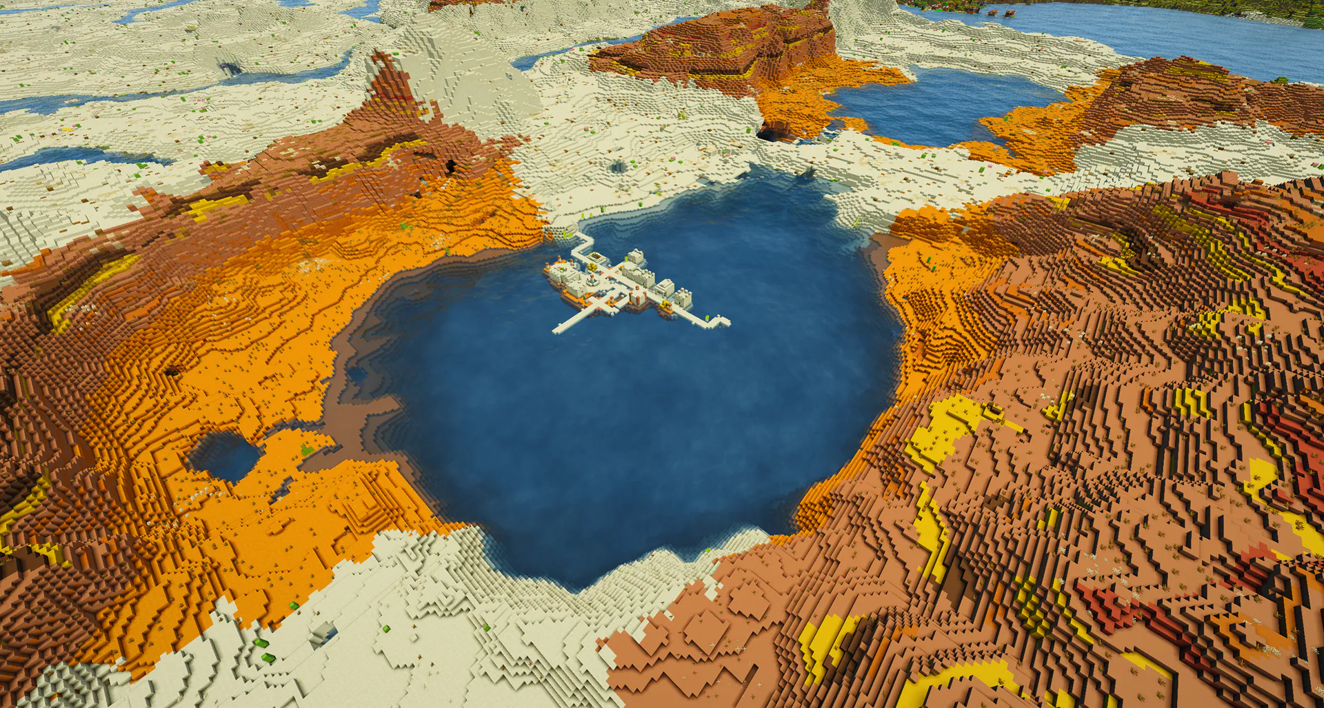 A desert village generated completely on water in the middle of a lake