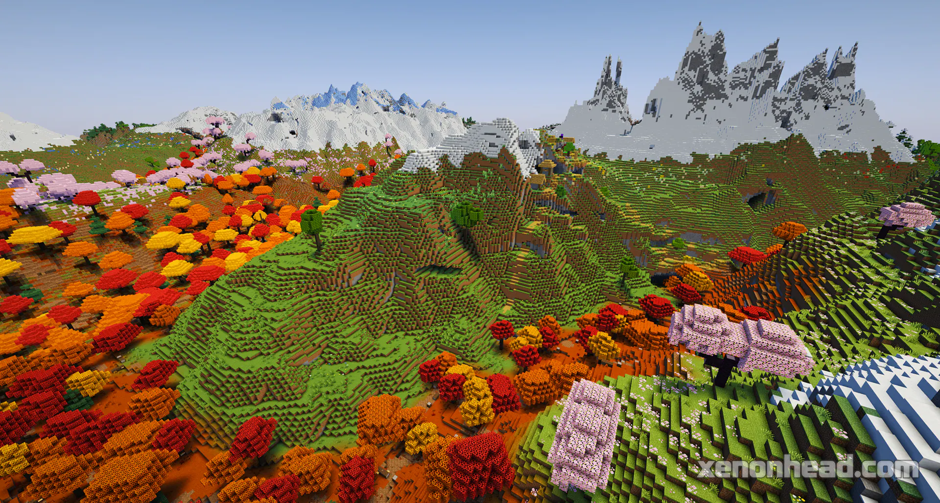 Three separate villages generated side-by-side in a scenic snowy mountain valley