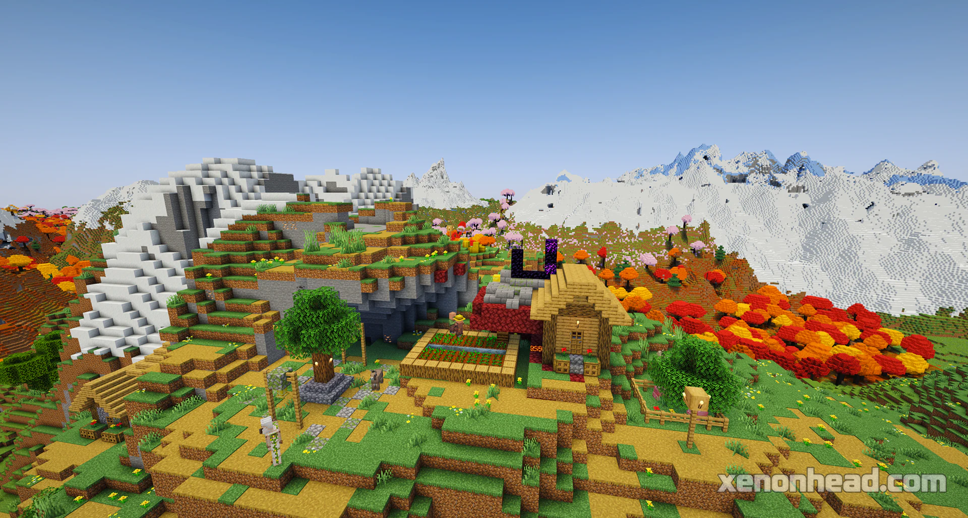 Three separate villages generated side-by-side in a scenic snowy mountain valley