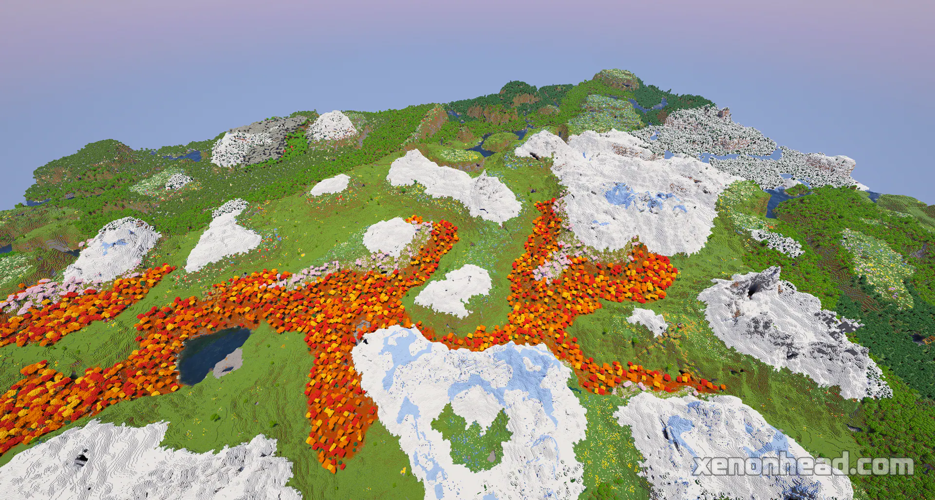 Three separate villages generated side-by-side in a scenic snowy mountain valley