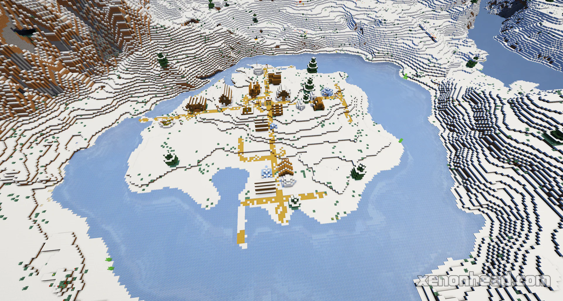 Frozen lake island snowy village