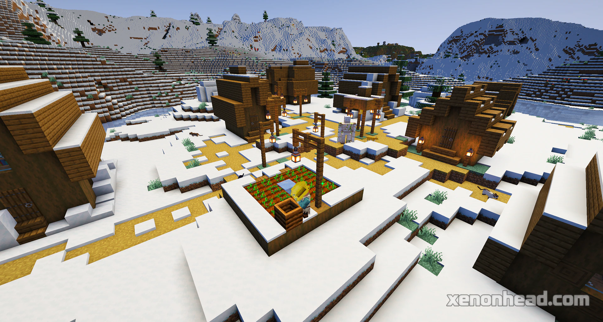 Frozen lake island snowy village