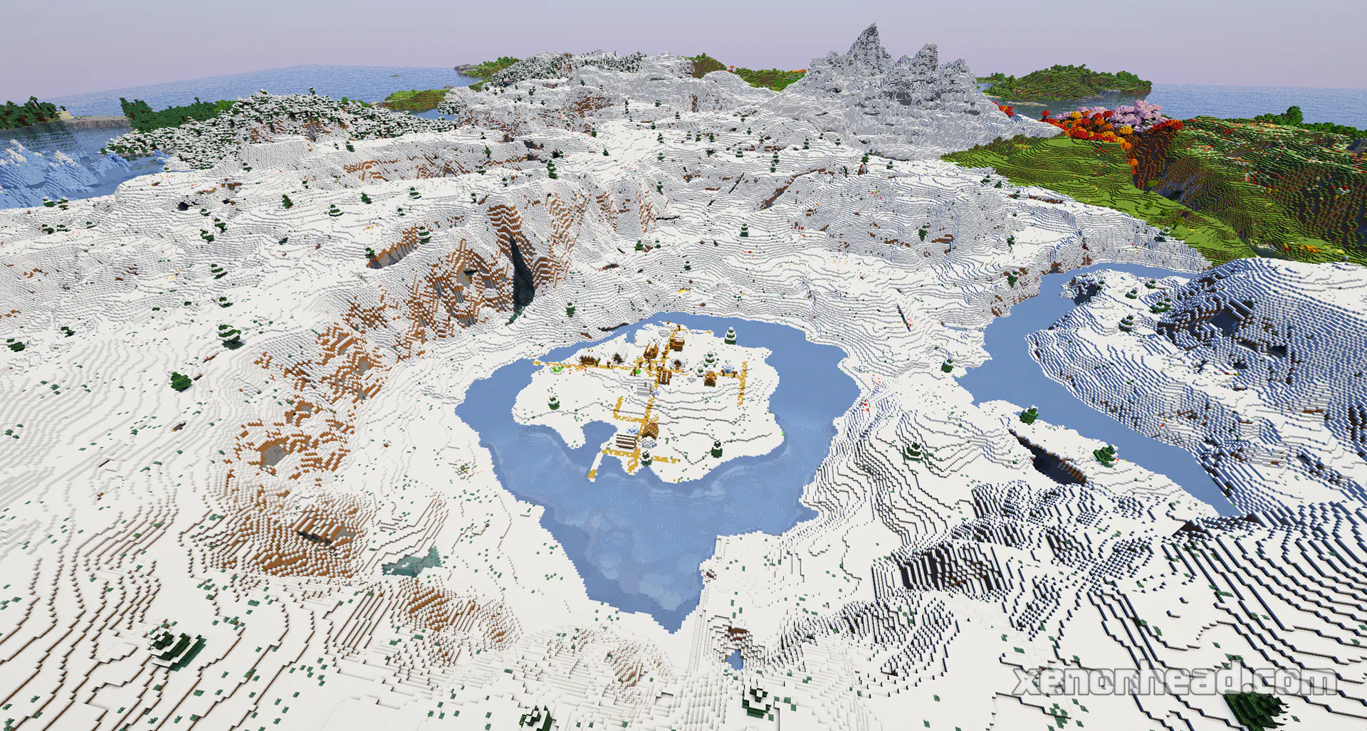 Frozen lake island snowy village