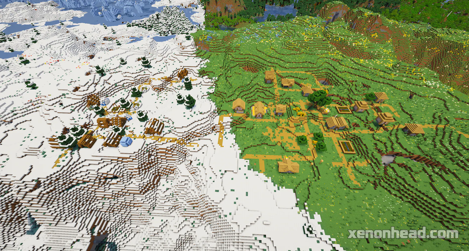 A snowy village and a plains village spawning directly on a biome border