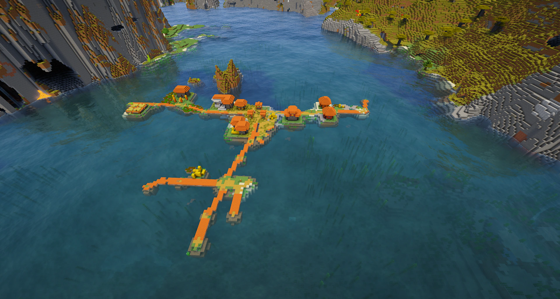 Water village between mountain cliffs