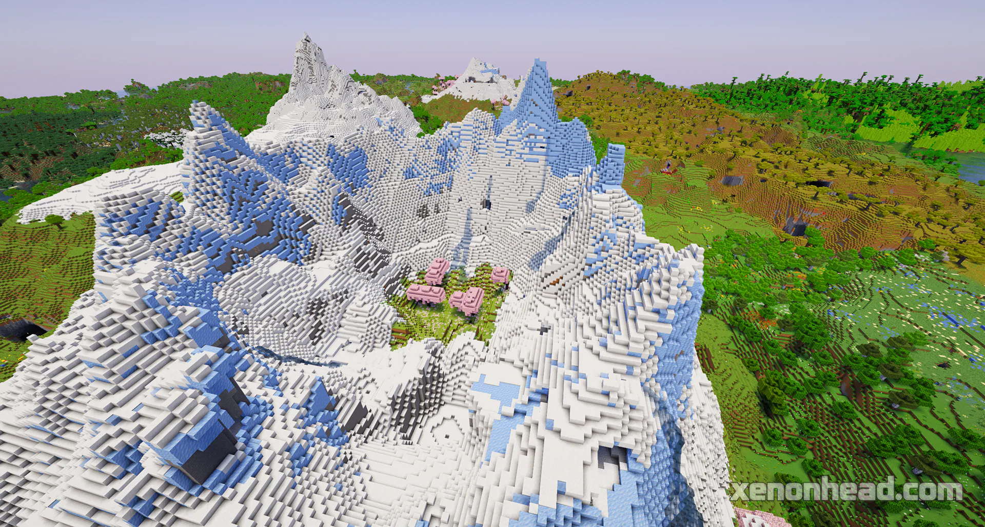 A secret cherry grove valley hidden naturally inside a huge snowy mountain crater